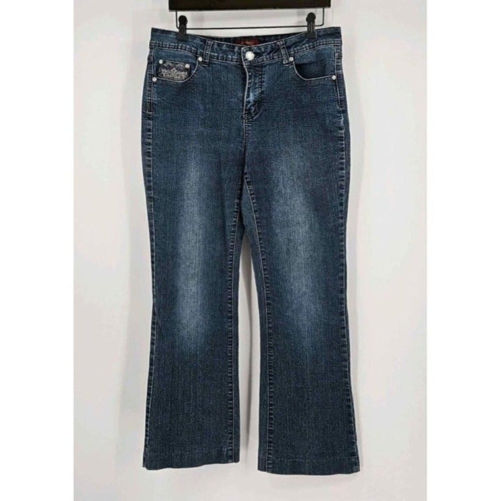 One 5 One Womens Med Wash Faded Stretch Bootcut Jeans Embellished Pockets 12